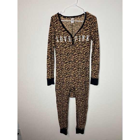 Victoria's Secret Pink One-piece Womens Medium Leopard Print Pajamas Flapjack - Picture 1 of 4